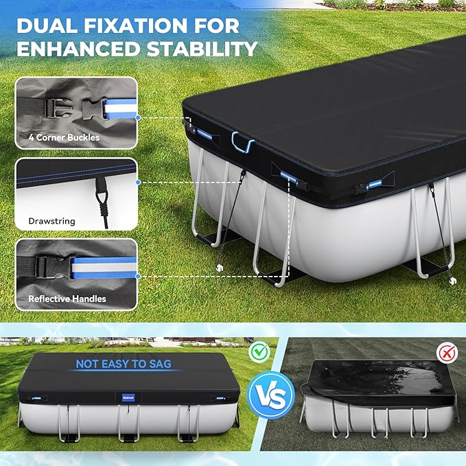 12x21 Ft Rectangular Pool Cover with Reflective Strips for Above Ground Pool, 420D Swimming Pool Cover for Rectangular or Oval Frame Pools, Solar Cover with Drawstring and Ground Nails