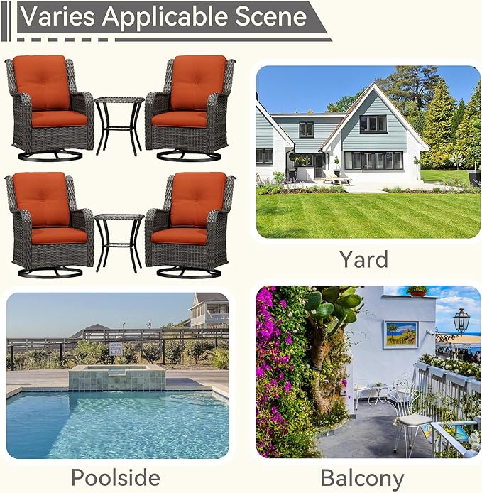 6 Pieces Outdoor Furniture Set - Patio Wicker Swivel Rocker Chair Set of 4 and 2 Side Table, Orange, Mixed Brown Rattan, Suitable for Porch, Yard