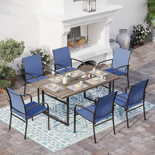 7 Piece Patio Dining Set for 6, 64” Rectangular Wood-Like Steel Dining Table with Umbrella Hole, 6 x Blue Chairs, Outdoor Table and Chairs Set for Lawn Backyard and Deck