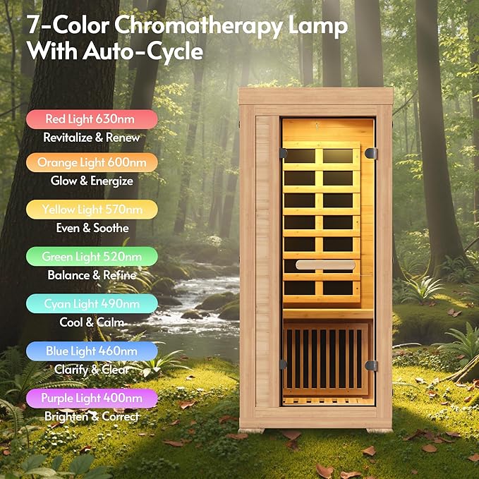 Infrared Sauna at Home 1 Person Mini with 7 Color Therapy, Low EMF 1240W Fast Heating Canadian Hemlock Wood Sauna, Indoor Dry Sauna with Bluetooth Speakers for Home, Gym (2.3Lx2.9Wx5.2H Ft)