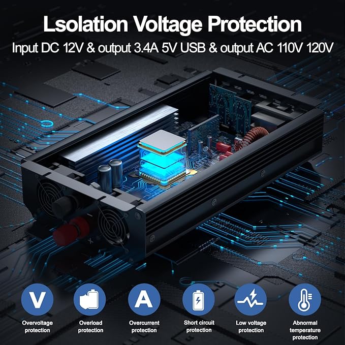 3000W Power Inverter,Peak Power 6000W 12V DC to AC 110V120V,Remote Control with 2AC Outlets and 2.4USB Port,LCD Display for Power Converter,Outdoor Activities,Emergency,Vehicles Truck RV Solar System