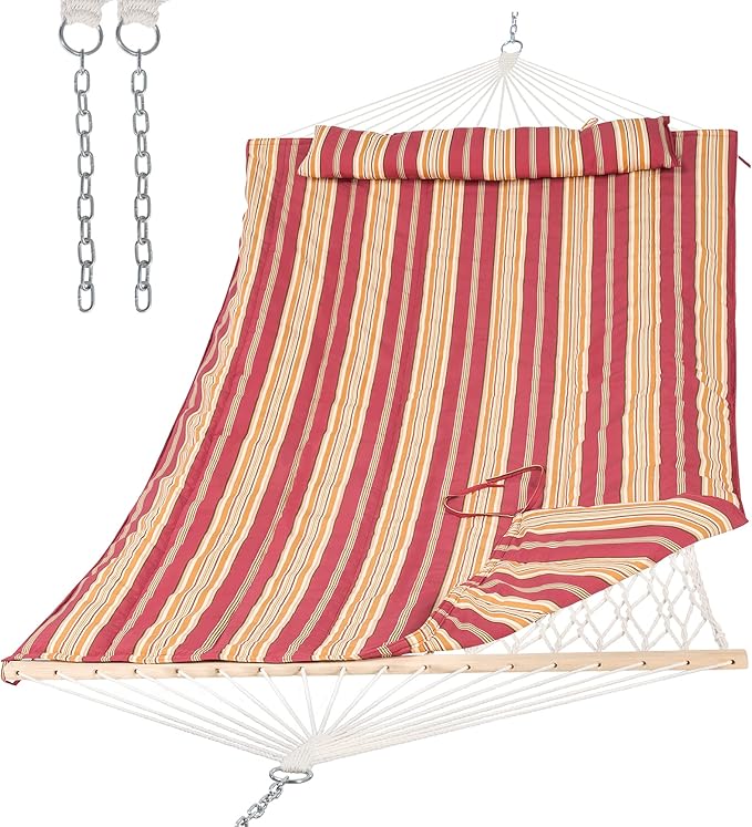SUNCREAT Two Person Rope Hammock with Pad, Hanging Tree Double Hammock with Large Pillow, Hardwood Spreader Bar, Red Stripe