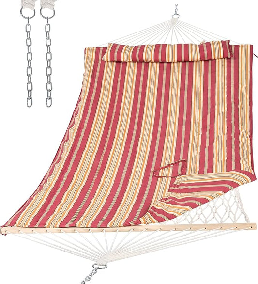 SUNCREAT Two Person Rope Hammock with Pad, Hanging Tree Double Hammock with Large Pillow, Hardwood Spreader Bar, Red Stripe