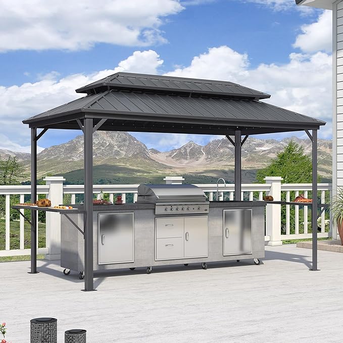 PURPLE LEAF 6.5' X 12' Hardtop Grill Gazebo for Patio Permanent Aluminum Barbeque Shelter with Ceiling Hook and Shelves Double Tiered Grey Outdoor BBQ Gazebo