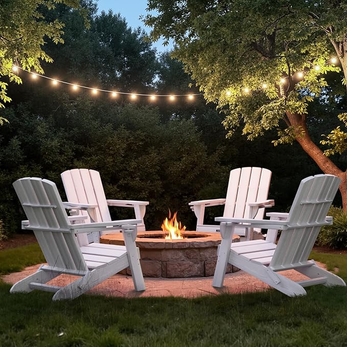 Folding Adirondack Chair Wood Texture 2 Pack, HDPE All-Weather Fire Pit Chairs, Plastic Adirondack Chairs with 2 Cup Holder, Outdoor Lawn Chair for Patio Garden (White)