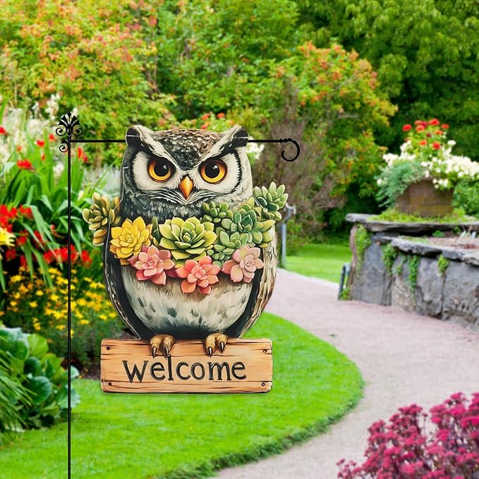 Owl Garden Flags 12x18 Inch Double Sided, Spring Summer Welcome Banner Small Yard Flags for Outside, Farmhouse Front Porch Home Outdoor Seasonal Decor Holiday All Seasons Decoration