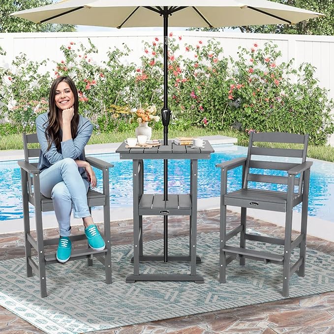 FUNBERRY Outdoor Bar Set with Umbrella Holes, Tall Adirondack Chairs and Table, All Weather HDPE Bar Height Outdoor Table and Chairs Set for Bistro Patio Balcony