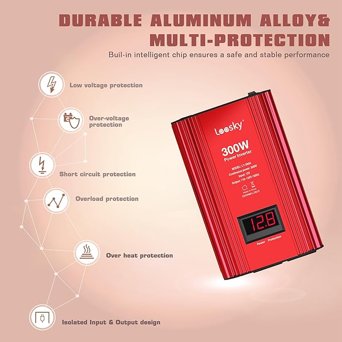 300W Car Power Inverter 12V DC to 110V AC Car Converter Adapter with LCD Display for Car Battery Status Monitor and Smart Fan Dual 4.8A USB Ports 2 AC Outlets LEESKY