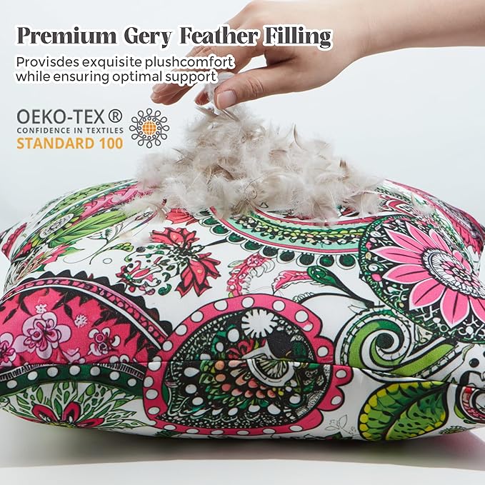 WOLKI Waterproof Outdoor Pillows 22x22 Feather and Down Filled Throw Pillow for Patio Furniture, Outside Decorative Pillow Set of 2 Flower