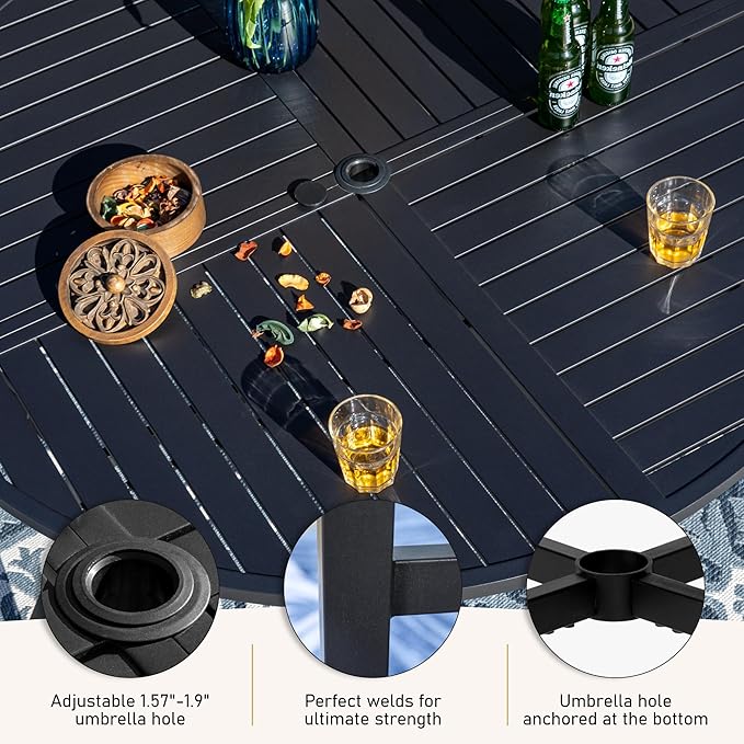 7 Piece Outdoor Dining Set for 6, 54" Round Metal Table with Umbrella Hole, 6 Blue Dining Chairs, Patio Table and Chairs Set for Backyard Lawn