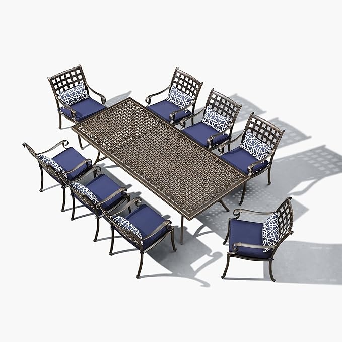 PURPLE LEAF 9 Pieces Patio Dining Sets Cast Aluminum Furniture with Rectangular Table for Lawn Garden Backyard Deck Outdoor Dining Sets with Cushions and Pillows, Lattice Navy Blue