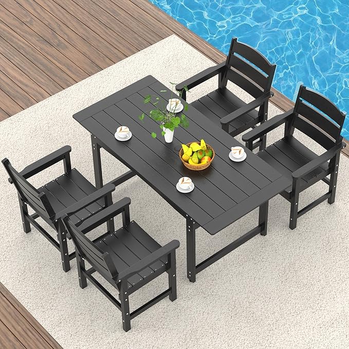5-Piece HIPS Patio Dining Set, Outdoor Dining Table and Chairs Set with Umbrella Hole, Weatherproof Dining Table Set for 4 Person, Patio Furniture Set for Outside Deck, Black