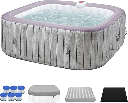 UHOMEPRO Inflatable Hot Tub Spa Set, Outdoor Bubble Massage Portable Hot Tubs with 130 Soothing Jets, Insulated Cover, Internal Heater Pump, 6 Filter Cartridges (Square)