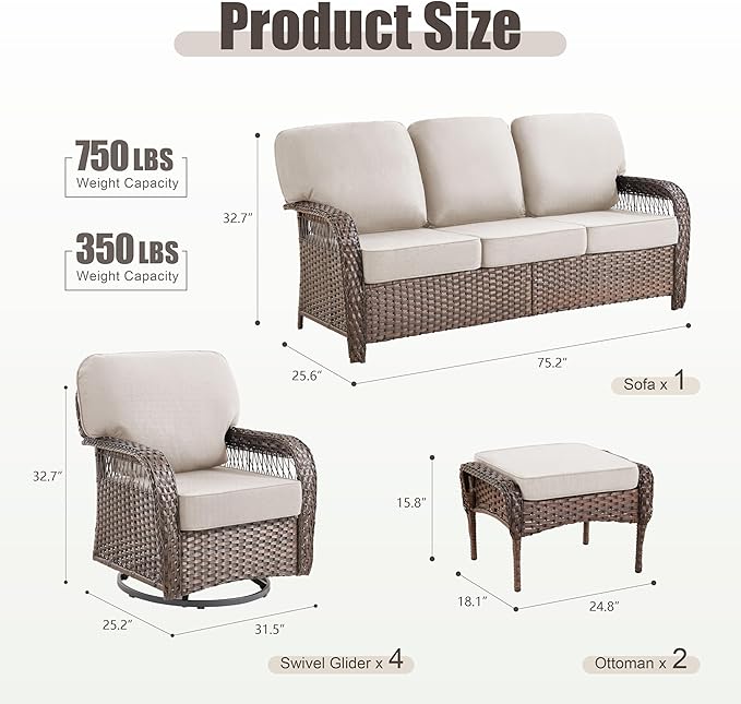 7 Pieces Patio Furniture Set Outdoor Sectional Sofa Couch with Rocking Swivel Chairs 5" Deep Seat Chairs, Modern Wicker Rattan Conversation Set, Beige/Brown Wicker