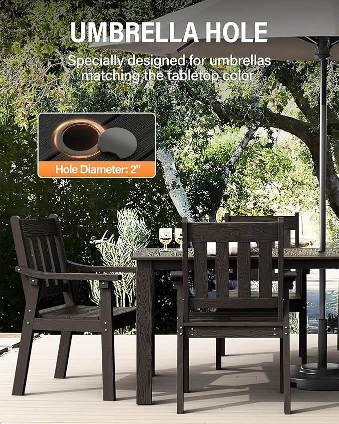 YEFU HIPS Patio Table Set: 7 Piece Outdoor Table and Chairs Dining Furniture Set with Umbrella Hole - Black Modern Plastic Dining Sets 6 Person for Outside Deck with Metal Aluminum Frame