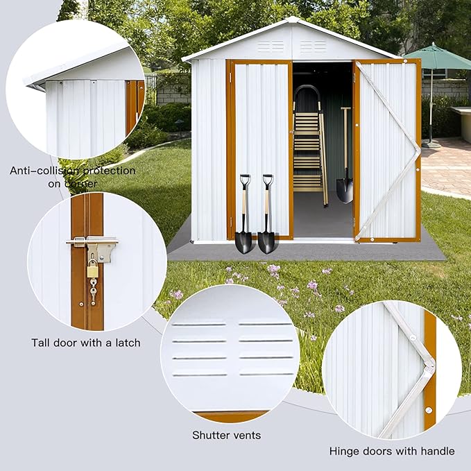 Favfurish 4x6 FT Outdoor Metal Storage Sheds with Apex Roof,Single-Storey Waterproof Roofed Structure Garden Shed w/Lockable Doors,for Lawn Equipment Tool Sundries,White+Yellow