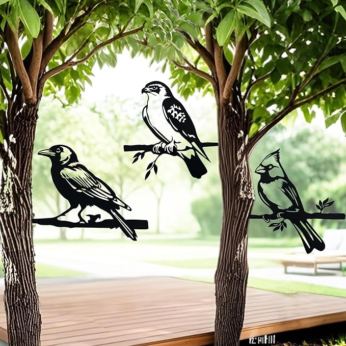 3pcs Black Metal Art Bird Ornaments for PatioTree, Country Farmhouse Style Outdoor Art, Metal Yard Art Outdoor and Garden Decorations,(Includes Cardinal & Raven & Hawk)