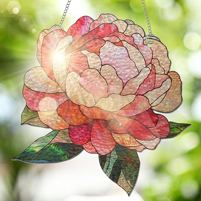 FLAGWIX Christmas Peony Flowers Gifts for Grandma - Stained Glass Window Hanging 8 in - Birthday Gifts for Women Mom, Grandma Gift, Peony Sun Catchers Indoor Window, Suncatchers Christmas Decorations