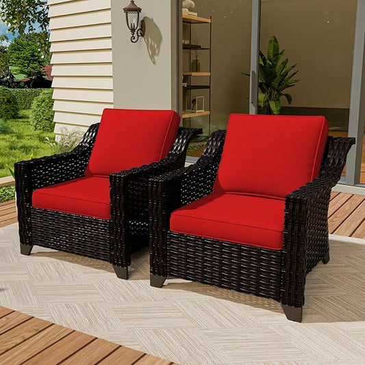 Vista Vibe 2 Pieces Outdoor Armchairs, Patio Conversation Furniture Set, Washable Cushions, Luxurious Hand-Woven PE Rattan, Garden, Bistro, Deck, Backyard (Brown/Red)