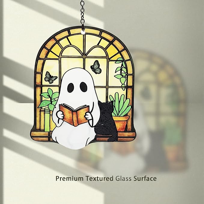 Ghost Black Cat Suncatcher, Ghost Reading Book Halloween Decor