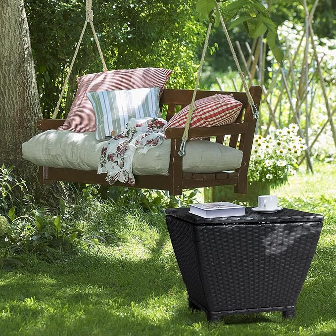 Outvita Outdoor Side Table, Rattan Coffee Table with Storage 13 Gallon Patio Small Deck Storage Box for Cushion Towel Books, Brown Side Table with lid