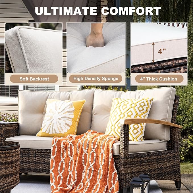 MEISSALIVVE 8 Piece Outdoor Patio Furniture Set, Half-Moon Curved Sectional Set with Wood Armrests, 2 Half-Moon Ottomans, Round Table (Brown)