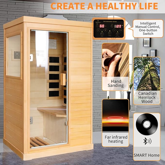 Far Infrared Sauna Home Sauna Indoor Sauna for One Person, Mini Dry Sauna with Low EMF 800W/110V Saunas Room,Inteligency Control Panel,Time and Temp Pre-Set,Canadian Hemlock Wood