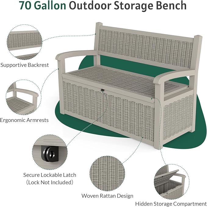 70 Gallon Storage Bench Deck Box,Patio Storage Benches with Armrest, Lockable Bench Outside, Waterproof for Pool Patio Garden (Grey)