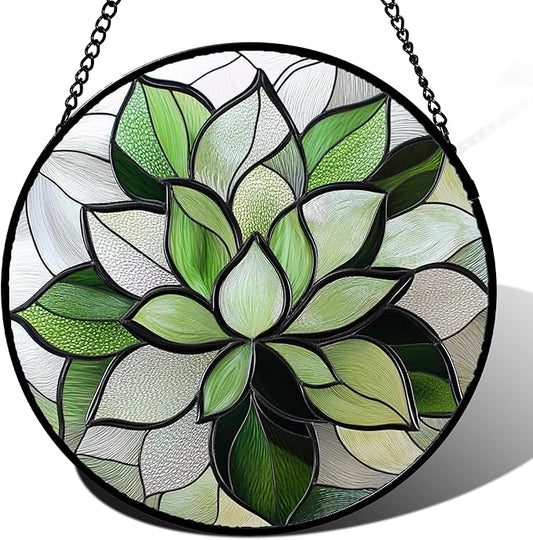 Stained Glass Window Hanging - Green Succulent Plants Suncatcher for Doors Garden Patio Floral Sun Catchers Decor Christmas Mother's Day Birthday Gifts for Women Men Mom Nana Friend 6.3 in