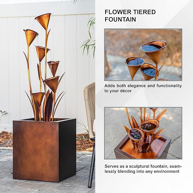 XBrand Metal Sculptural Multi-Tiered Flower Water Fountain, No LED Lights, Bronze, 46" Tall