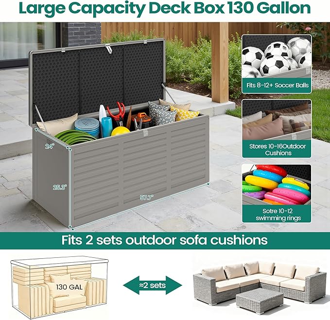 Resin Deck Box 130 Gallon, Lockable & Waterproof Outdoor Storage, UV-Resistant Patio Box for Cushions, Tools, and Outdoor Accessories (GRAY)