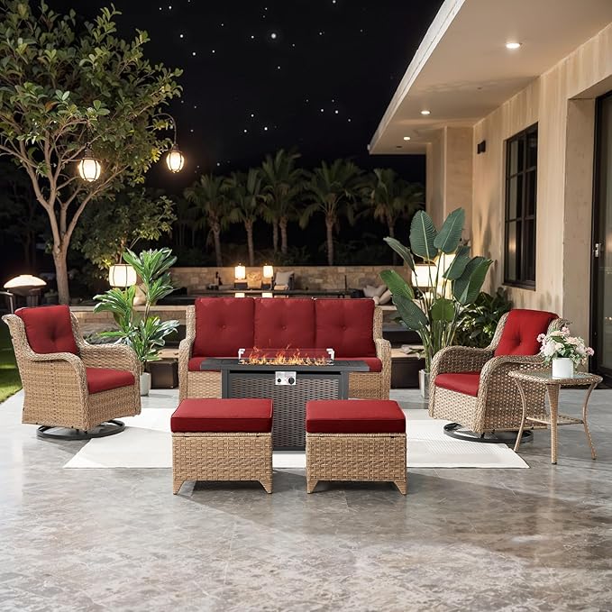 7 Pieces Patio Furniture Set with Fire Pit Table, Wicker Rattan Outdoor Furniture Set with Swivel Rocker Chairs for Yard, Deck, Garden, Yellow/Red