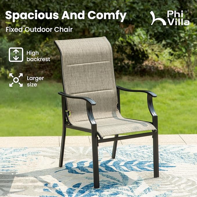 PHI VILLA Outdoor Dining Chairs Set of 6, High Back Textilene Fabric Padded Armchairs with E-Coated Steel Frame for Patio, Porch, Deck, Yard