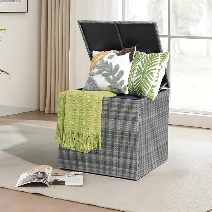 Patiorama 88 Gallon Wicker Deck Box, Indoor/Outdoor Storage Box for Patio Cushions and Gardening Tools - Resin Rattan Patio Cushion Storage Bin, Grey