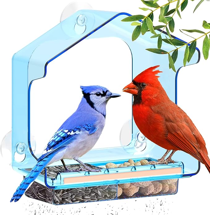 LUJII Blue Window Bird Feeder for Outside, All One Piece Design Non-breakable, Accommodates Large Birds Like Cardinals or Blue Birds, Lift-up Tray for Easy Cleaning & Refilling
