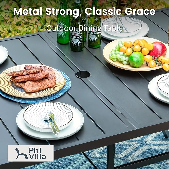 PHI VILLA 7 Piece Outdoor Dining Set for 6, 59” Rectangular Metal Steel Dining Table with Umbrella Hole & Cushioned Rattan Wicker Chairs for Patio, Deck, Yard, Porch