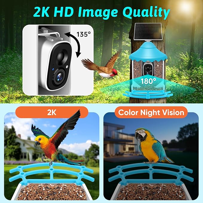 2K HD Smart Bird Feeder Camera with Solar Power, AI Bird Species ID, Auto Video Capture, Instant Notifications, SD&Cloud Storage