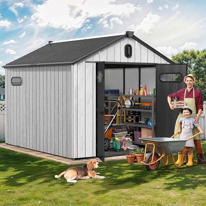 DWVO 8x10 FT Outdoor Storage Shed, 544 cuft Large Plastic Storage Shed with Floor & Lockable Door, Outside Tool Garden Shed with Windows & Vents for Patio Furniture, Lawn Mower, Bike, Black&Gray