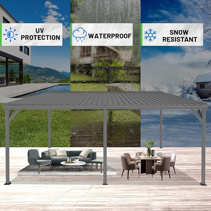 12x20FT Lean to Gazebo, Outdoor Hardtop Wall Mount Gazebo with Gutter & Sloping Galvanized Steel Roof, Metal Hard Top Awnings for Deck, Porch, Backyard