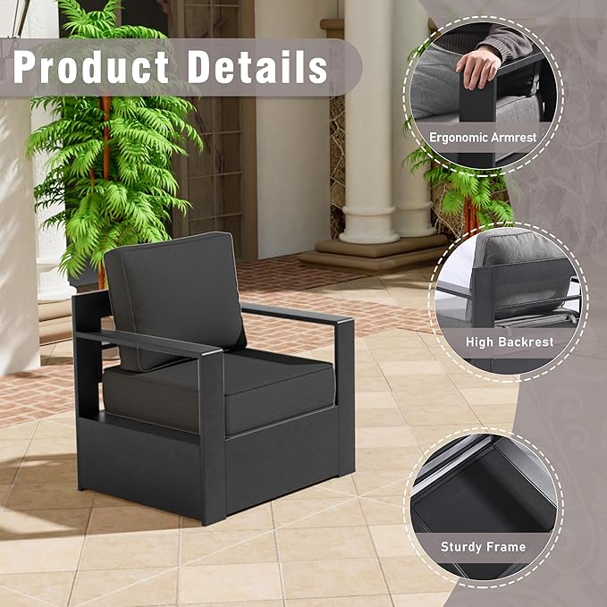 Aluminum Patio Chair - Outdoor Chair with 6" Thick Water-insistant Cushions, All-Weather Use Frame, Removable Cover, Ideal for Garden, Poolside (Grey)