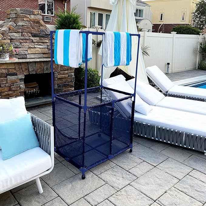 Essentially Yours Pool Equipment Holder with Towel Drying Bars, Mesh Rolling Pool Storage Organizer Bin, Extra Large with Towel Hanger, (34.5" W x 25" L x 62.6" H), Blue Style 418566