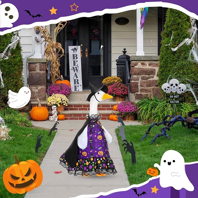 Halloween Porch Goose Outfit Set for 23'' Plastic Lawn Goose Statue Clothes Witch Skirt Halloween Costume for Outdoor Patio Yard Lawn Art Decor
