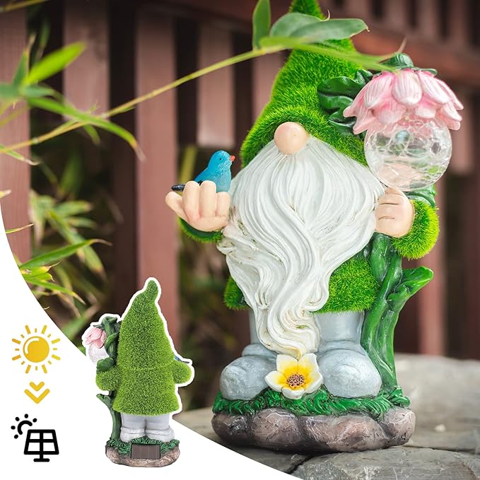 Garden Gnome Statue - Funny Gnome Decoration Hold Flower with Solar Crackle Glass Globe Lights, Resin Gnomes Figurine Ornament for Patio Yard Lawn Porch Outdoor Decor