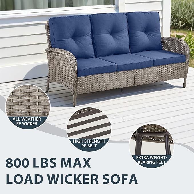 7 Piece Patio Furniture Set - Wicker Patio Conversation Set with Swivel Glider, 3 Seat Sofa, 2 Ottomans, Glass Side Table and Coffee Table for Deck Backyard - Grey Wicker Blue Cushion