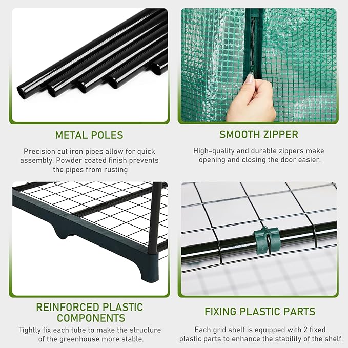 Outvita Walk-in Greenhouse, Outdoor Durable PE Plant Green House for Frost Protection with 3 Tiers 12 Shelves, Shelf Clips, Roll-up Zipper Door, 56"x85"x77" Green