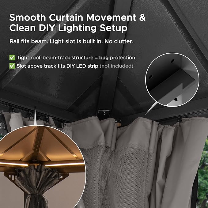 SUNJOY Kingston 10' x 10' Hardtop Gazebo with Galvanized Steel/Polycarbonate Double Roof, Curtain and Netting, Woodgrain Finish Aluminum Posts Permanent Pavilion Gazebo for Garden, Patio, Deck, Lawn