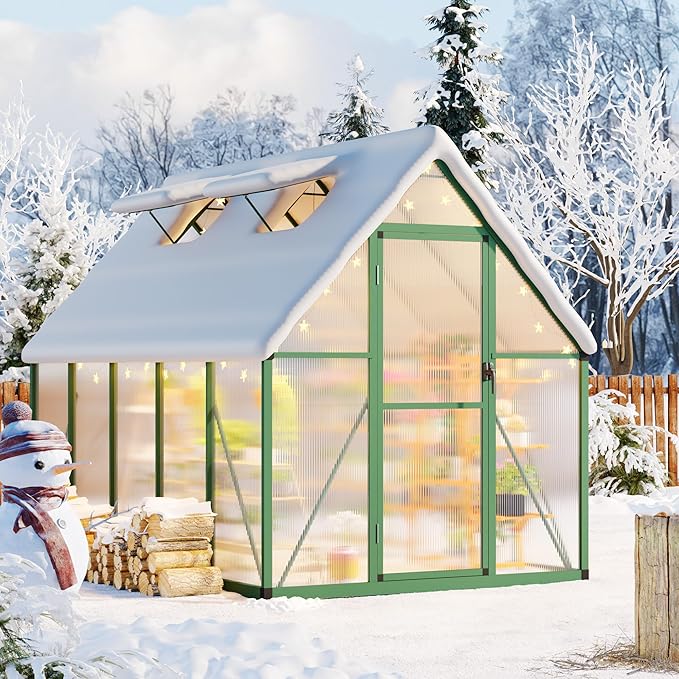 CABIHOME 6x9 FT Outdoor Greenhouse, Polycarbonate Greenhouse with Roof Vent and Ground Nails, Aluminum Large Walk-in Green House w/Lockable Push Door for Outside Garden Backyard (Green, 6x9 FT)