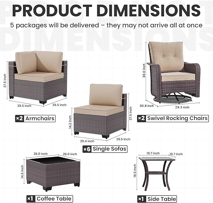 12 Pcs Outdoor Patio Furniture Set Outdoor Furniture All Weather Patio Sectional Sofa PE Wicker Modular Conversation Sets with Coffee Table, Swivel Rocking Chair (Sand)