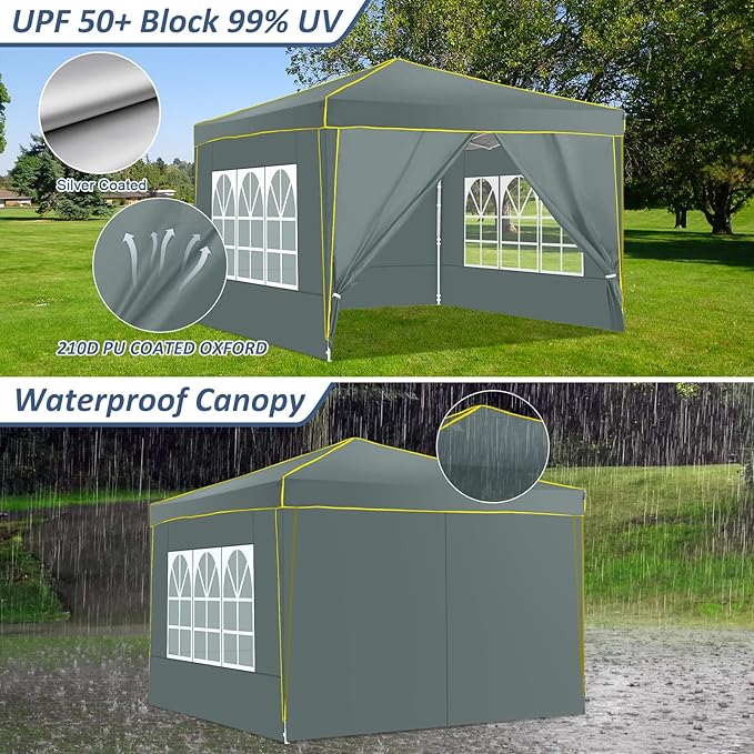 COBIZI 10x10 Pop Up Canopy Party Tents for Parties Waterproof Outdoor Canopy with 4 Sidewalls and 4 Sandbags UV Protection 50+ Commercial Wedding Portable Tent for Backyard, Gray