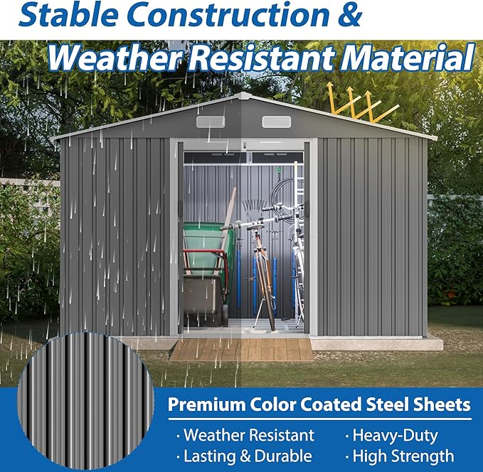 10X8 FT Outdoor Storage Shed with Galvanized Steel Construction & Lockable Doors,All Weather Garden Tool House Sheds W/Sliding Doors and Padlock,for Patio,Backyard,Lawn,Gray